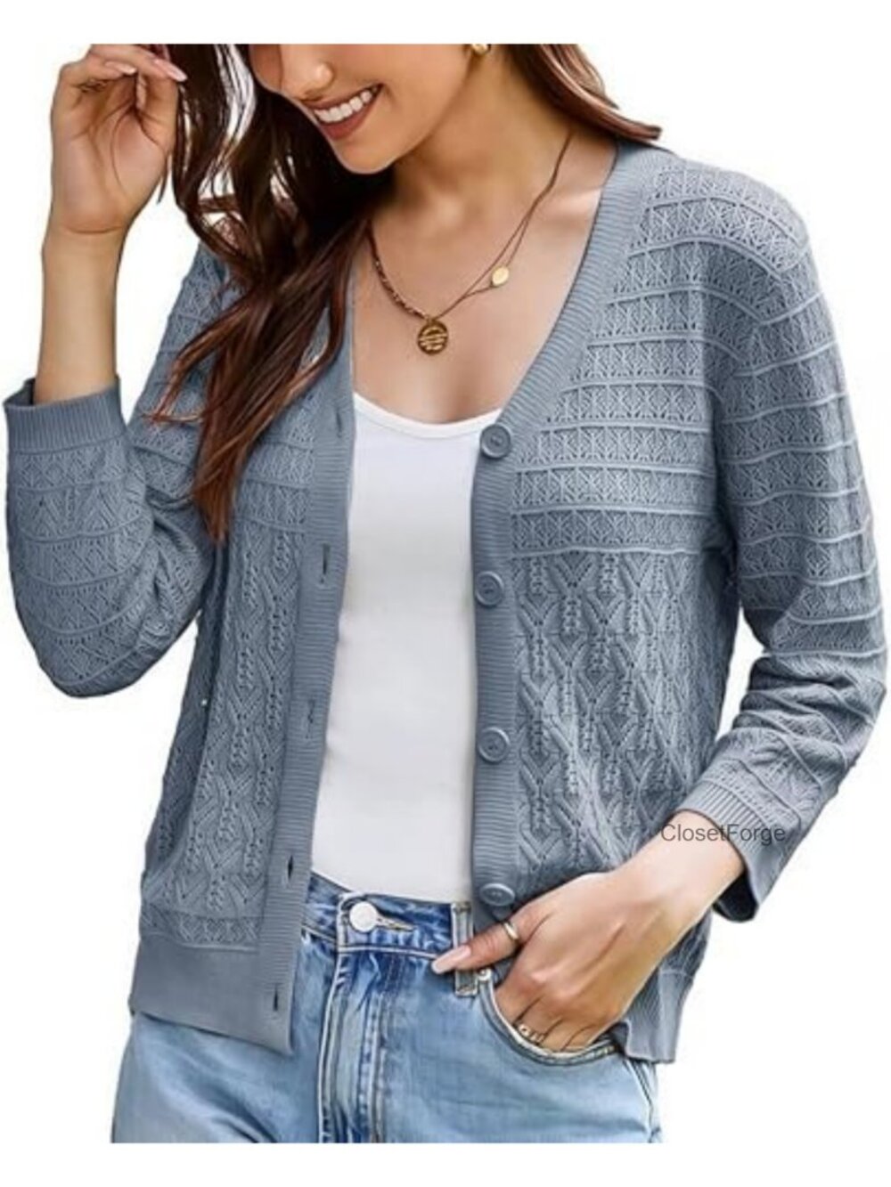 Lightweight Knit Cardigan with 3/4 Sleeves, V-Neck, Crochet Details, Button